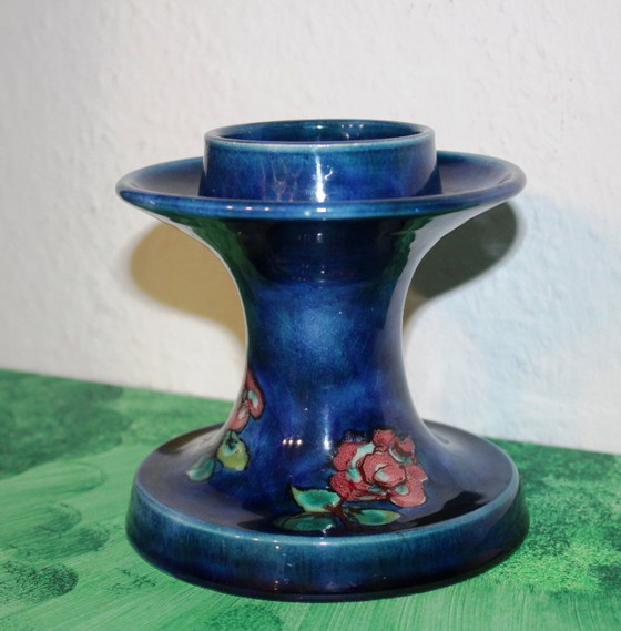 Image 1 of Ceramic candle holder, blue, hand-painted with red flowers