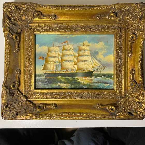 Image 1 of Paar britische Marine-Ölgemälde aus dem 19. Jahrhundert – G. Rowney-Karton – Goldrahmen