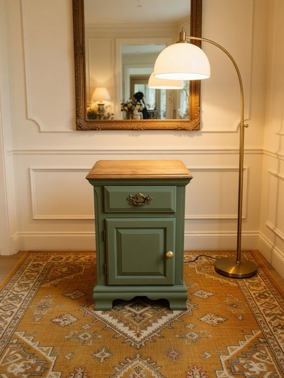 Oak wood nightstand with artisanal sage green lacquer., ARDY LAB, Brass (photo 5 of 5)