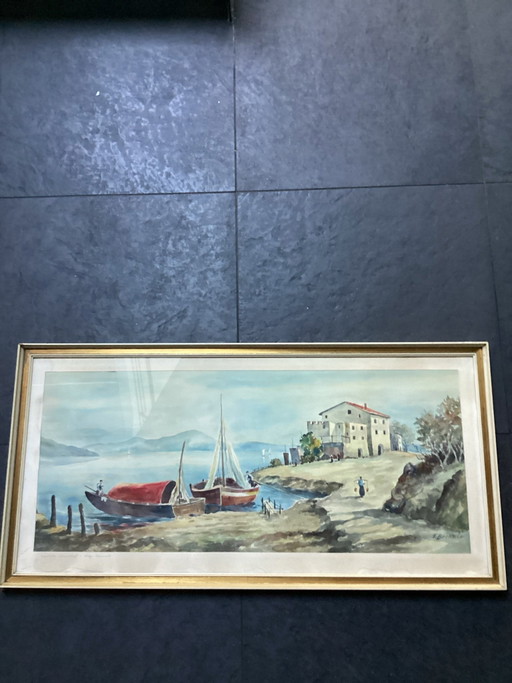 Originele Aquarel T. Brettner -Sudliche Landschaft  - Groot Mediterraan Kustlandschap met Boten - 105x52 incl. Lijst.