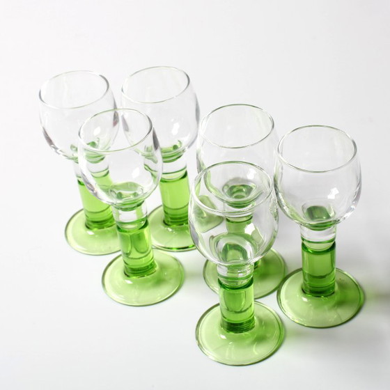 Image 1 of Set of 6 Vintage Limoncino Liqueur Glasses / Green Stem Shot Glasses Bormioli / Italy / 1970s