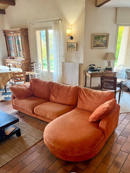 Viscoti vintage stoffen bank met chaise longue in roest/oranje