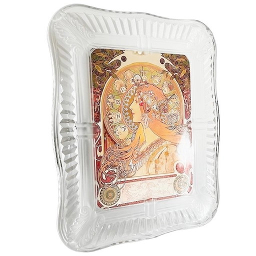 Cornice in vetro vintage, cristallo, stile art nouveau, stampa fotografica del dipinto Mucha, Zodiaco, anni '80