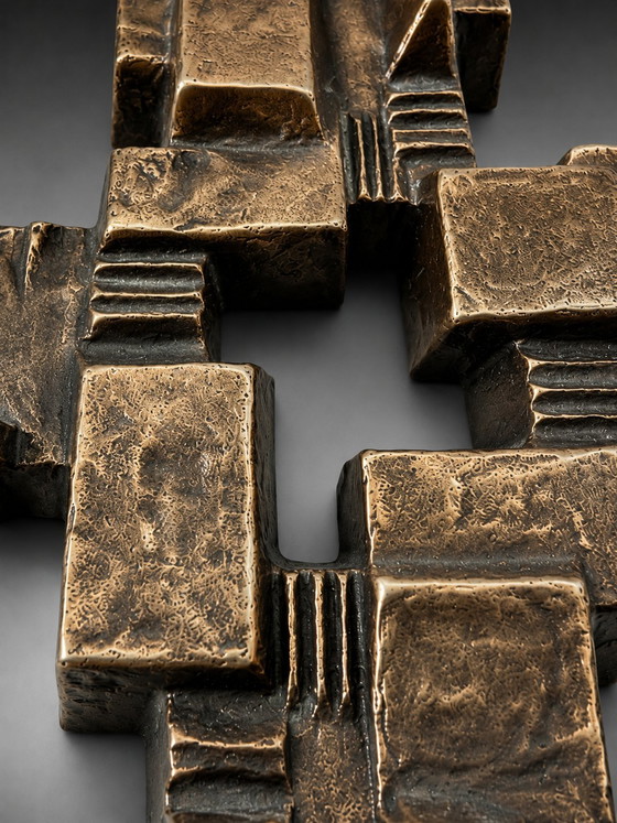 Image 1 of Brutalist Cubist Bronze Wall Cross | Geometric Modernist Sculpture | 1970s