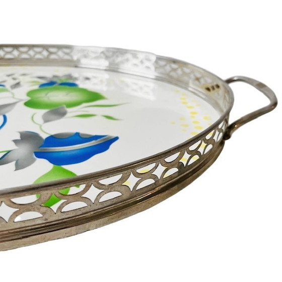Image 1 of Art-deco dienblad porselein en metaal grafische bloemen