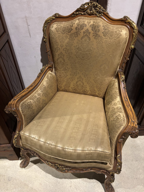 Fauteuil italien original, tissu d'origine et peinture sur bois dorée d'origine. – Wood, Gold (photo 14 of 25)