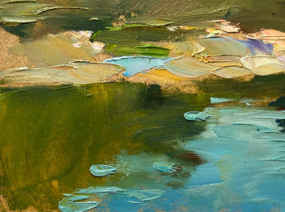Image 1 of Original Oil Painting Coastal Forest Landscape Forest in the reflection of the river