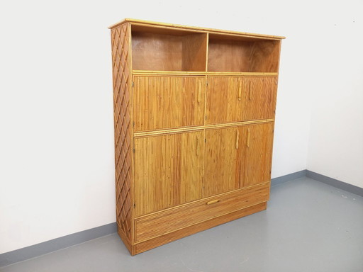 Vintage storage furniture in rattan and light wood from the 60s