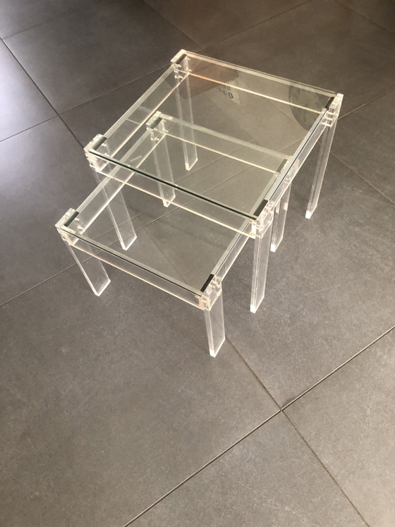 Image 1 of 2x 2 Vintage Eclectisch Plexiglas/glazen bijzettafels