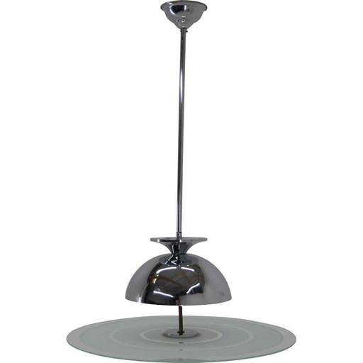 Vintage bauhaus chandelier in chrome and sandblasted glass, 1930