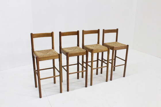 Image 1 of Vintage Vico Magistretti barkrukken set van essenhout en stro, Italië
