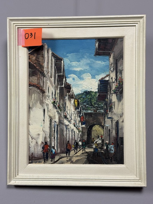 Straatbeeld in Quito door Mario Ronquillo, olieverf op doek, Ecuador, jaren 70