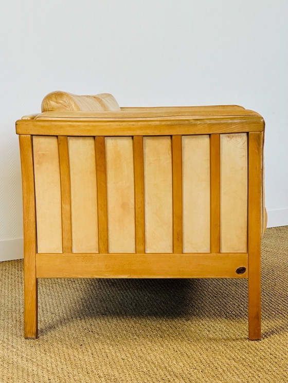 Image 1 of Vintage Scandinavian 2-seater sofa in beige leather and wood by Stouby, 1960s