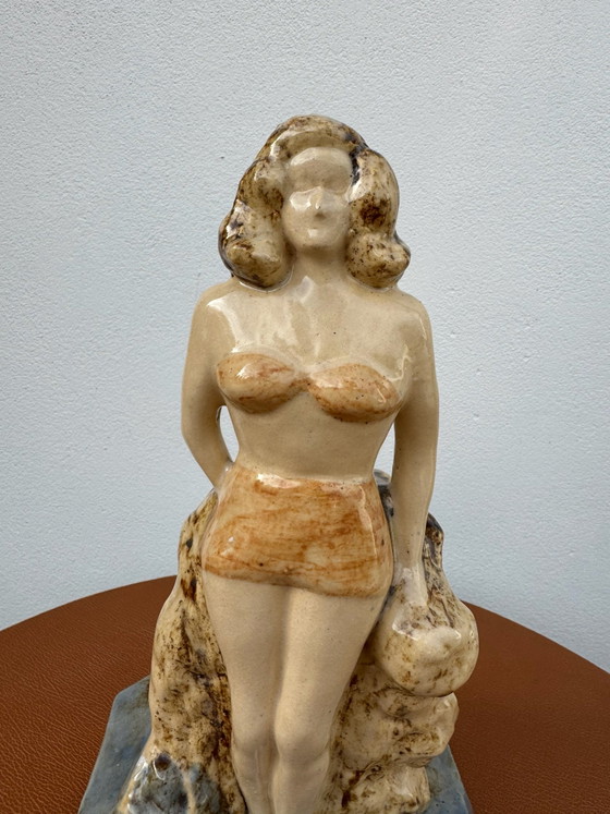 Art Deco keramische badster beeld (1930/40), Beeldhouwkunst, Keramiek, Beige (foto 14 van 15)