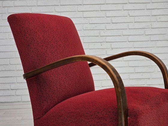 Image 1 of Sillón danés art déco de la década de 1950, tapizado en lana roja original y madera de haya.