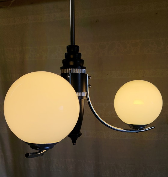 Lampadario Art Déco in metallo, legno e globo in vetro opalino - Anni '40/'50 – Glass (photo 7 of 10)