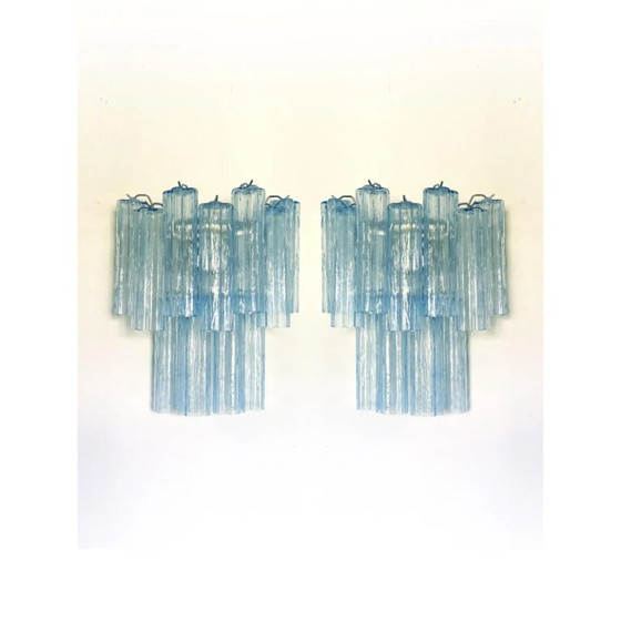 Image 1 of Appliques murales contemporaines en verre de Murano bleu clair « Tronchi » de style Venini – la paire