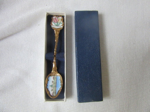 Vintage emaille en verguld gouden souvenirlepel met bloemenmotief uit Boedapest