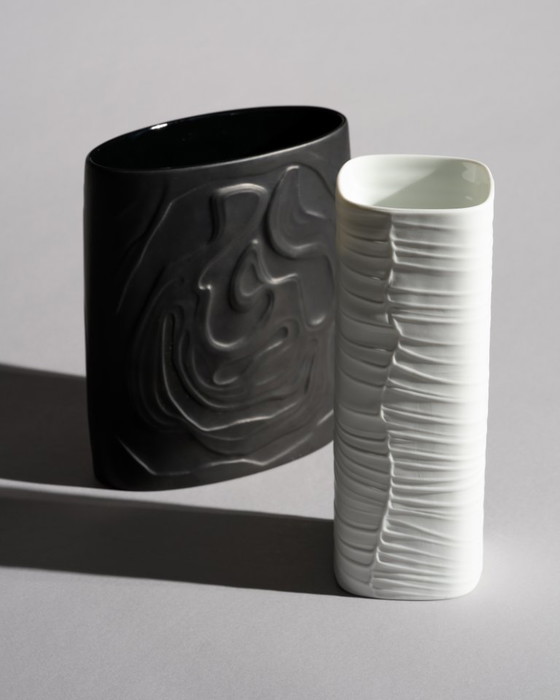 Image 1 of Rosenthal Porcelain Vase Duo Farideh Lashai & Werner Schreib Matte Black & White