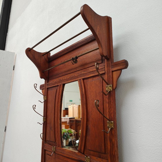 Image 1 of Porte-manteau ancien, porte-manteau sur pied avec miroir, mobilier d'entrée