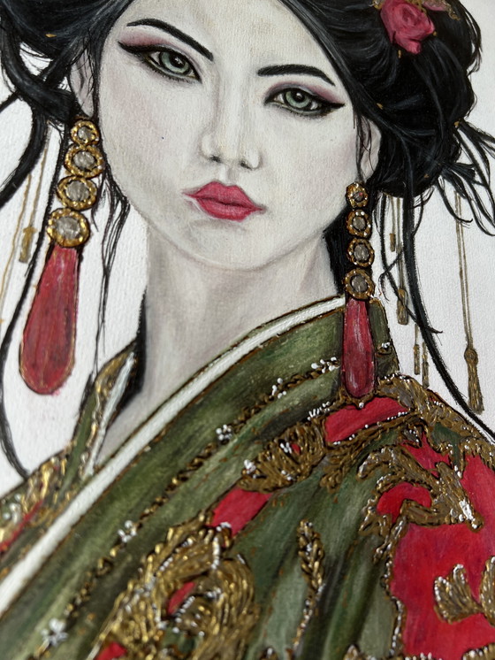 Image 1 of Peinture de geisha crayon/acrylique cadre baroque ancien