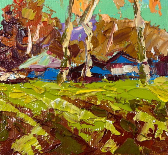 Image 1 of Original Oil Painting Day Village Landscape Spring fields are turning green