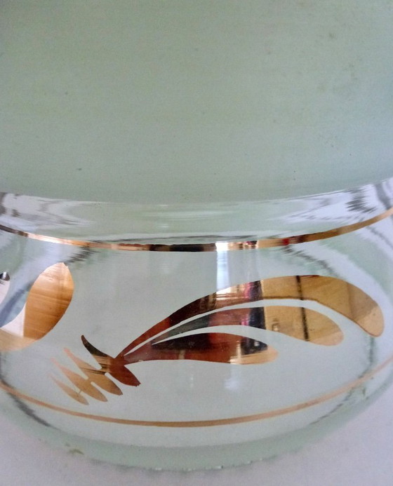 Image 1 of Plafonnier Art Déco, suspension en verre, années 1930, suspension en verre vert clair avec bande dorée, abat-jour pagode.