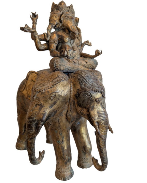 Image 1 of Raro Newar Ganesha del XVII/XVIII secolo su Airavata – Dorato a fuoco – 49 cm