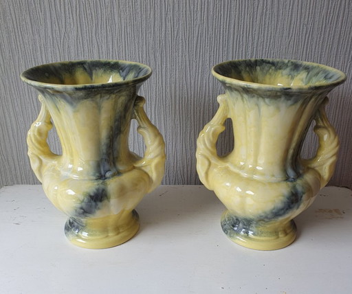 Twee vintage Art Deco vazen met opvallend 2-kleurig glazuur