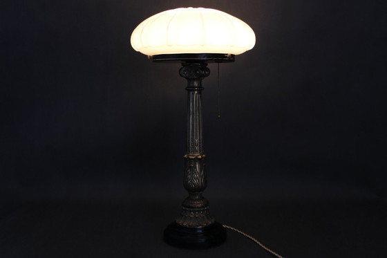Image 1 of    	 1940s Restored Brass Table Lamp with Wooden Base and Glass Shade