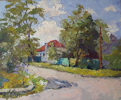 Original Ölgemälde Sommerlandschaft Ländliche Dorfstraße Haus mit rotem Dach