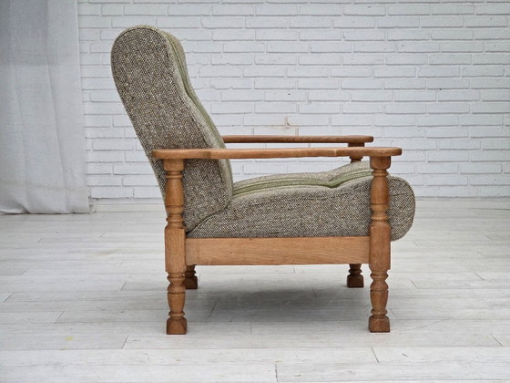 Image 1 of Fauteuil danois des années 1970, tissu d'ameublement d'origine en laine, bois de chêne massif.