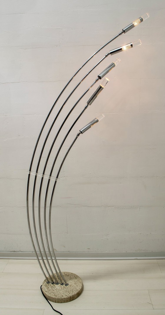 Image 1 of Midcentury Italian Arched Floor Lamp 5 Lights Chrome Metal and Lucite, 1960s