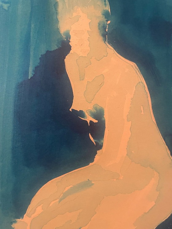 Image 1 of Monochroom blauw aquarel gesigneerd "blauwe dame" de pose