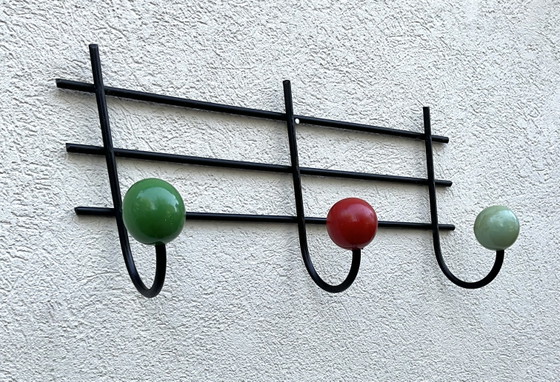 French Mid-Century Wall Coat Rack, Roger Féraud Style – Wood, Iron (photo 3 of 5)
