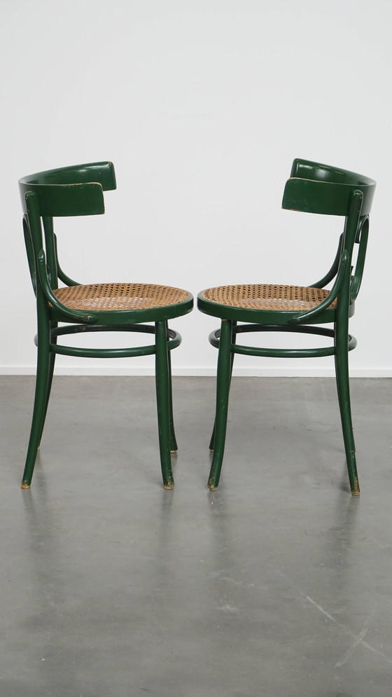 Image 1 of 2 X Green Vintage Bistro Chair With A Matt Wicker Seat