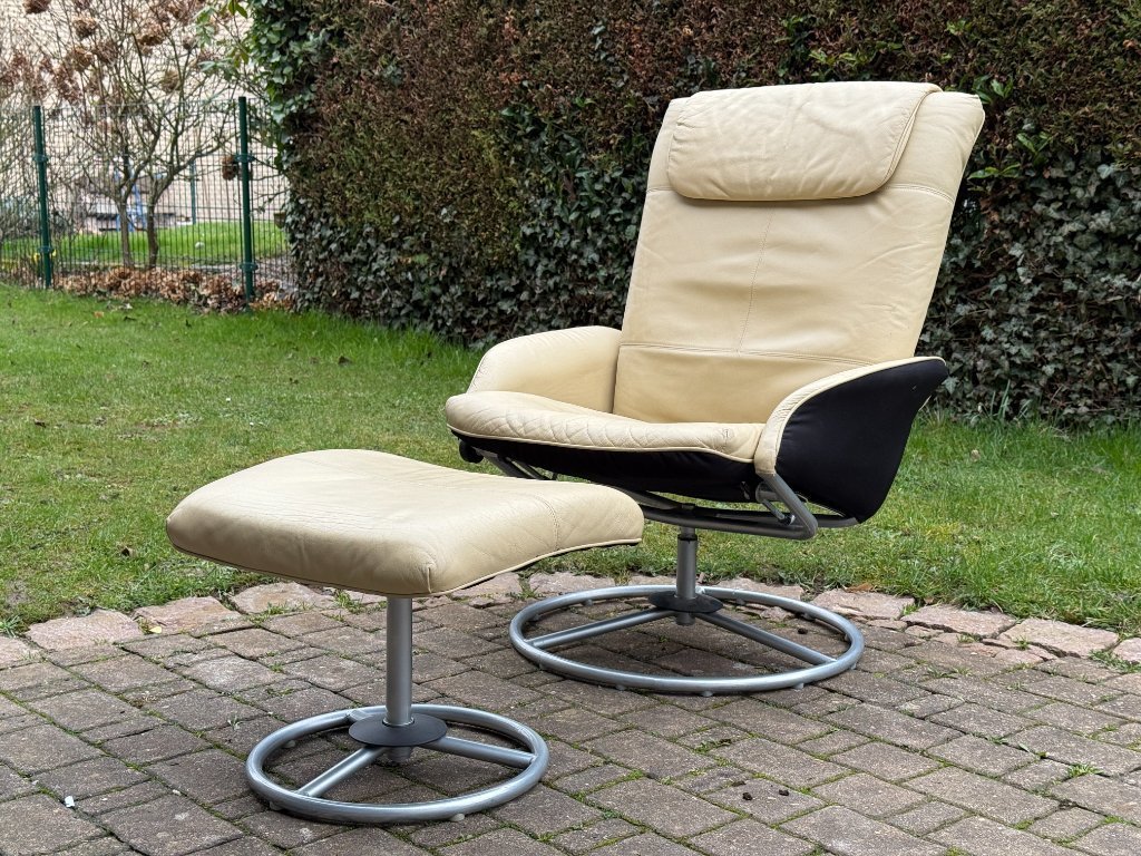 Vintage Ikea Malung armchair & footstool, 1999, cream white, 90s