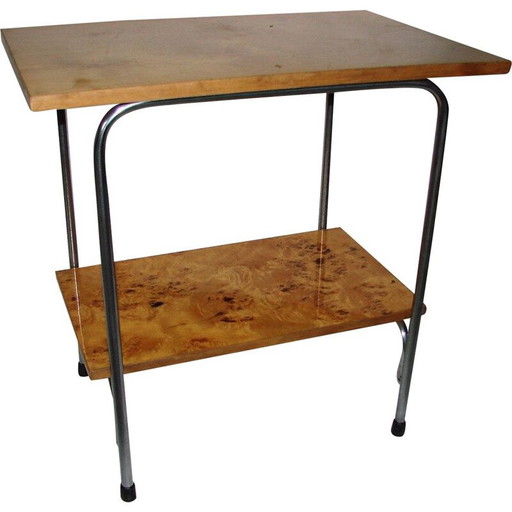 Tavolino vintage in metallo cromato e legno, Polonia 1960