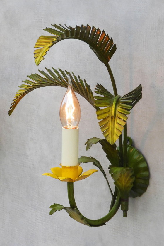 Pair of Mid Century Italian Palm Leaf Wall Lights C1950 - Two Pairs Available, Metal, Yellow (photo 7 of 8)