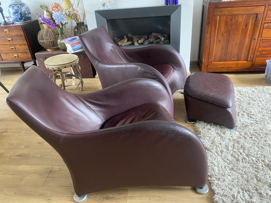 Image 1 of 2x Montis Loge con sgabello in pelle color melanzana