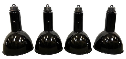 Set of 4 Industrial Bauhaus Black Enamel Pendant Lamps, 1960s