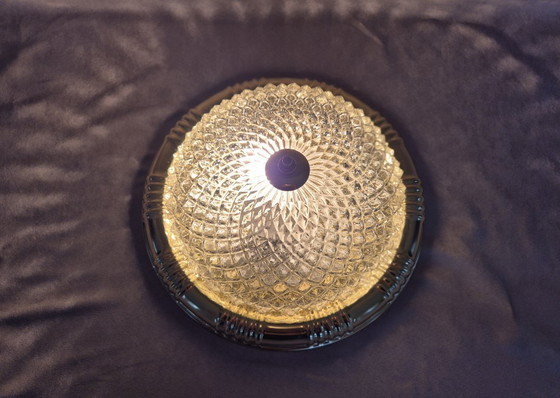 Image 1 of Vintage Glass Ceiling Light Ø32 cm, Flush Mount, E27 Socket, Gold Tone Metal Frame, Mid-Century Style