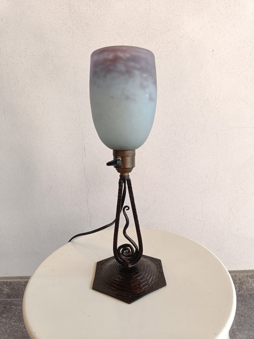 French style wrought iron lamp with signed frosted glass shade
