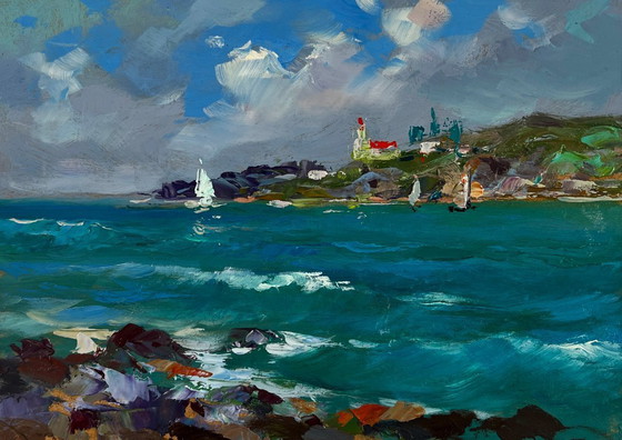 Image 1 of Original Oil Painting Summer Coastal Landscape Sailboats at sea and rocky shore