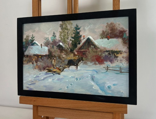 Original Oil Painting Winter Village Landscape Country winter evening