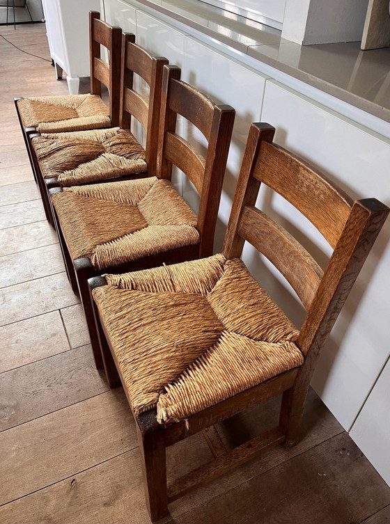 Houten butalistische stoelen set, Eetkamerstoelen, Rotan, Beige (foto 7 van 9)