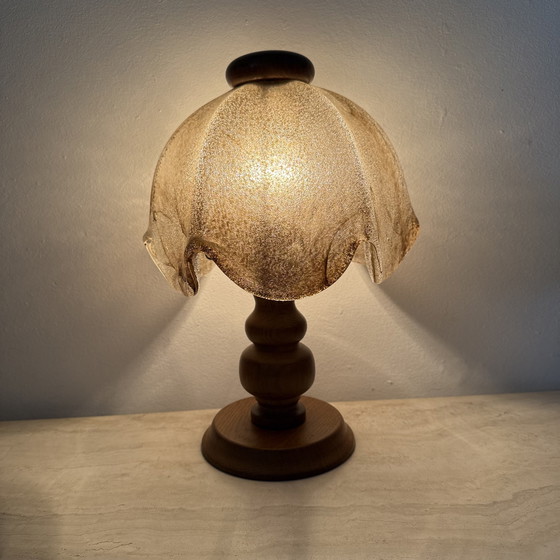 Image 1 of Vintage Brutalist Glass Table Lamp with Solid Oak Wooden Base, 1970s