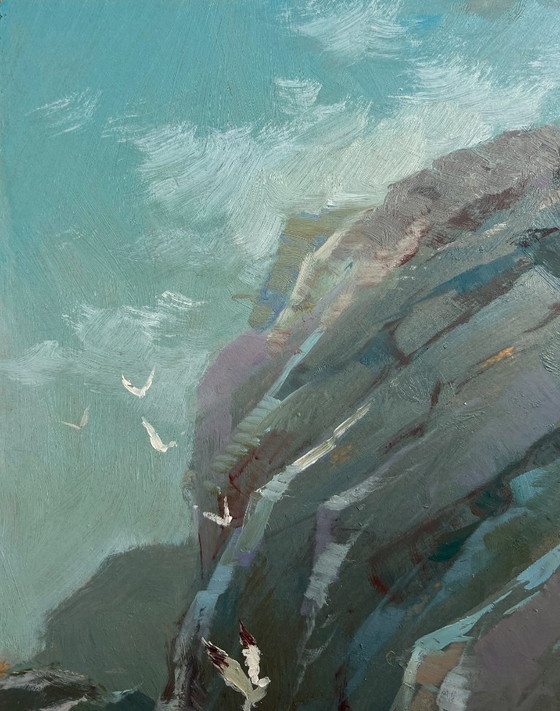 Image 1 of Pintura al óleo original Paisaje rocoso costero Susurro de las olas del mar