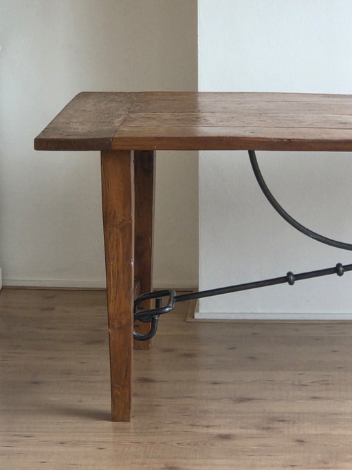 Antique Spanish Trestle Dining Table - Solid Wood & Wrought Iron (200x89 cm) – eettafels (photo 2 of 20)