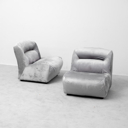 Pair of Vintage Lounge Chairs in Grey Velvet – 70s Design